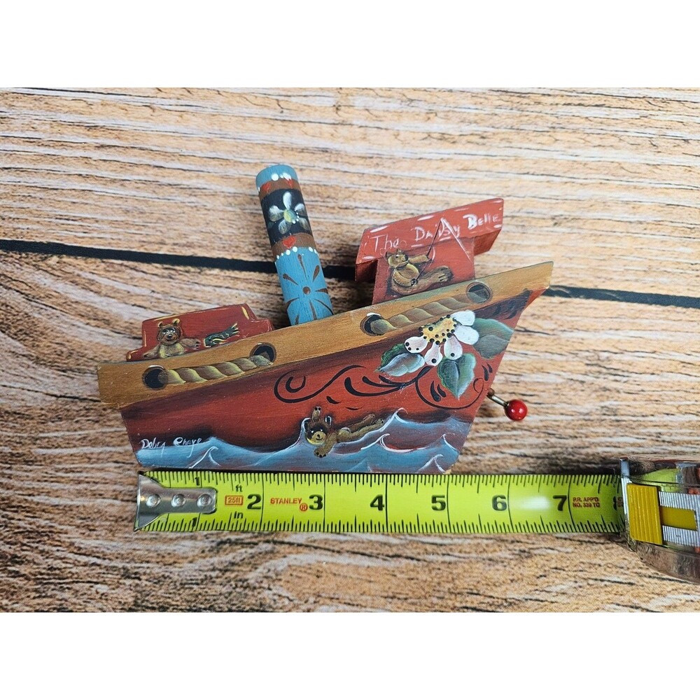 VTG Wooden Boat Ship Music Box Handpainted The Daisy Belle Collectible Kids Toy - Picture 9 of 10